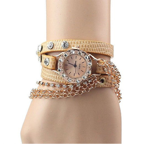 ABC® Leather Bracelet Rhinestone Rivet Chain Quartz Wrist Watch (Brown) - shop-demo